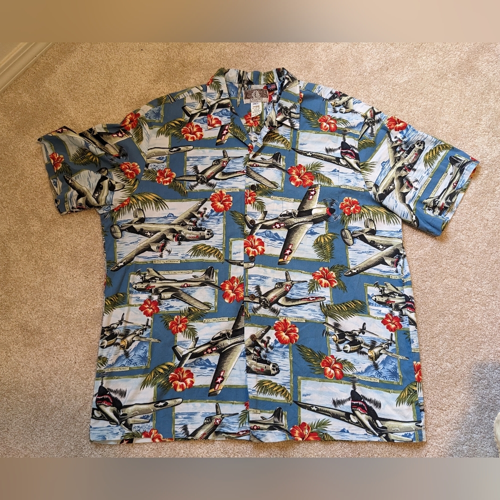 Kalaheo RJC Hawaiian Shirt World War II Bomber Fighter Planes Hibiscus Flowers